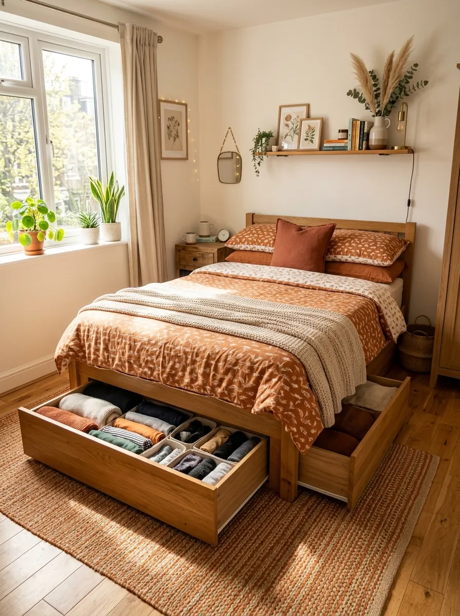 Real-life photography of a small apartment bedroom, neatly made bed with matching linens, wooden under-bed storage drawers pulled out slightly to show folded clothes, bright natural light streaming through a nearby window, clean and organized room, beautifully arranged decor, vibrant warm color palette, cozy rug on the floor, shot on DSLR camera, high resolution, no illustration, no 3D render, authentic lived-in but tidy atmosphere.
