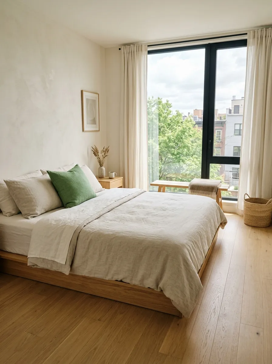 Real-life photography of an apartment bedroom, low wooden platform bed neatly made with layered linen bedding, unbroken floor sightline beside it, bright natural light through a large window, clean and organized minimalist styling, vibrant sage green accent pillow against neutral bedding, authentic interior photography, no illustration, no 3D render, calm spacious atmosphere.