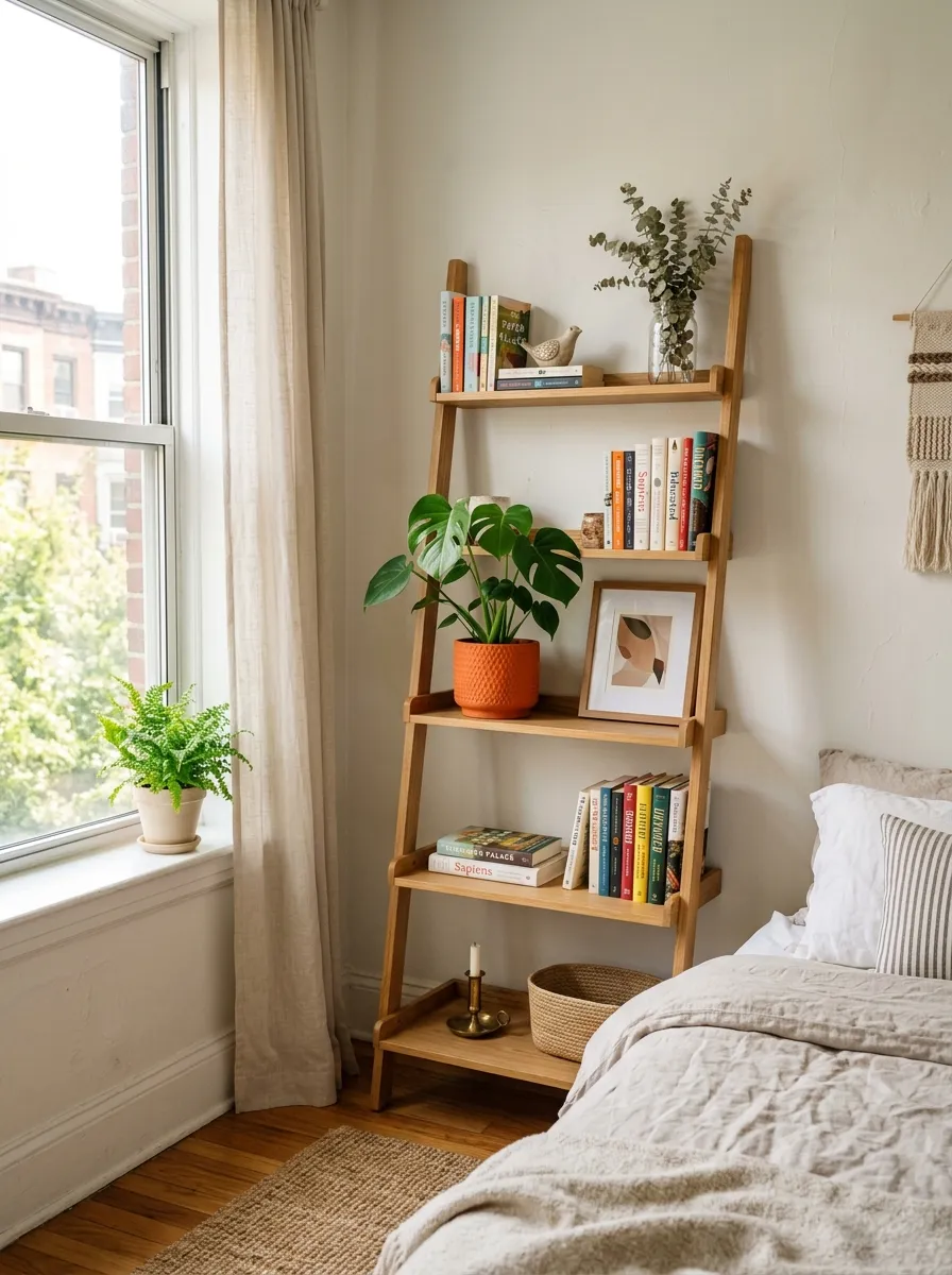 Real-life photography of an apartment bedroom corner, wooden ladder shelf leaning against the wall neatly arranged with books, small plants, and a framed print, clean and organized styling, bright natural light from a nearby window, beautifully arranged decor, vibrant terracotta plant pot against a soft white wall, authentic home interior photography, no illustration, no 3D render, warm minimal atmosphere.