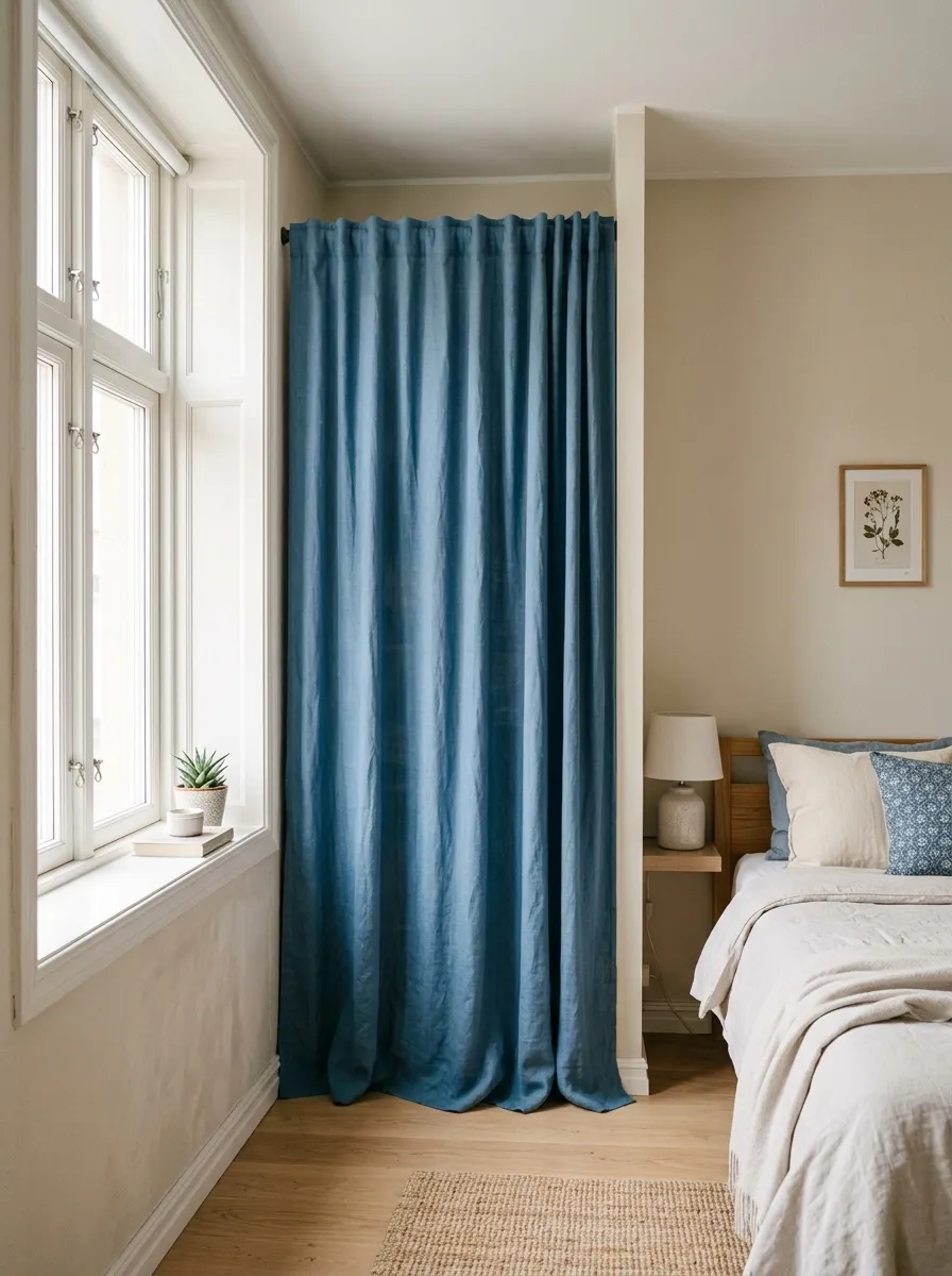 Real-life photography of an apartment bedroom nook, soft linen curtain on a tension rod neatly covering open shelving, folded clothes barely visible behind the fabric, bright natural light through a window, clean and organized room, vibrant dusty blue curtain against a neutral wall, authentic interior photography, no illustration, no 3D render, tidy calm atmosphere.