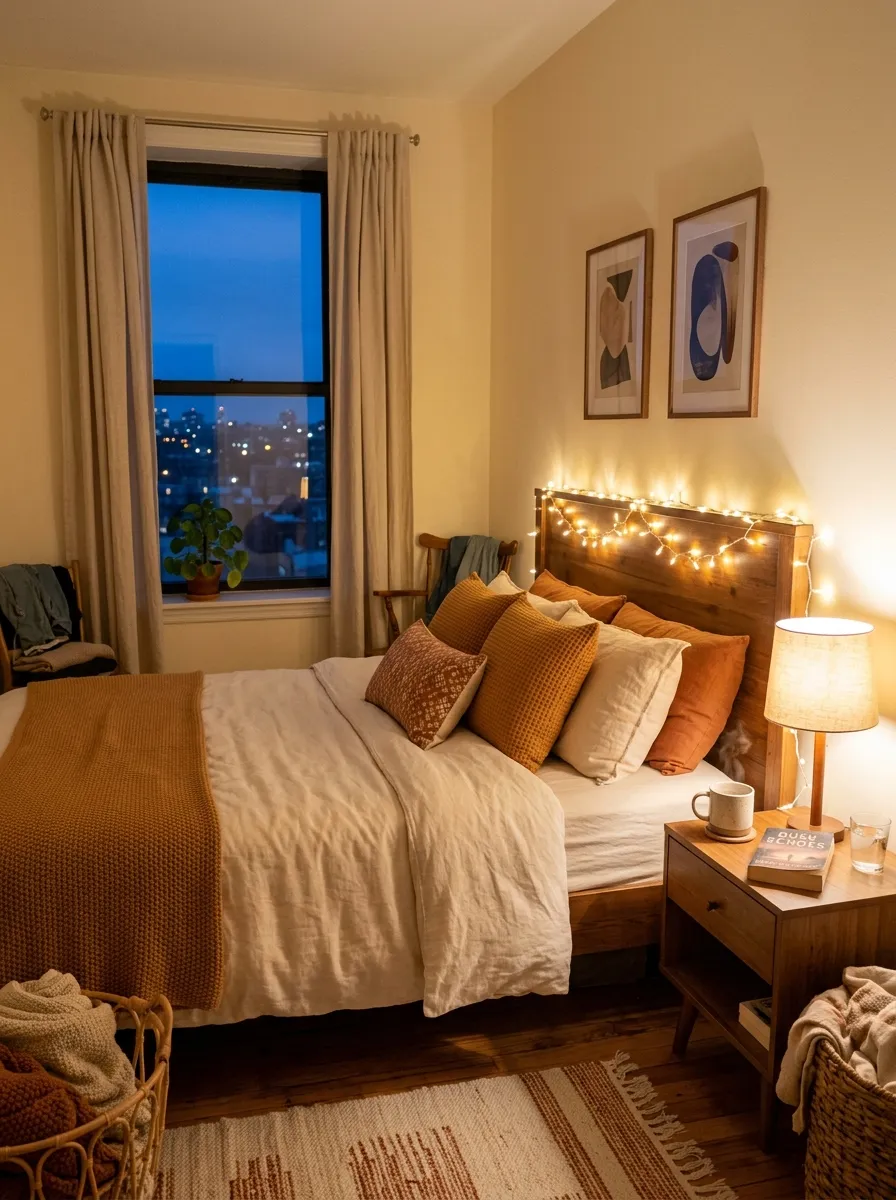 Real-life photography of a cozy apartment bedroom at dusk, warm string lights draped neatly along the headboard, bedside lamp glowing softly, neatly made bed below, clean and organized styling, bright natural light fading into warm ambient glow, vibrant amber and cream tones, authentic home photography, no illustration, no 3D render, cozy intimate atmosphere.