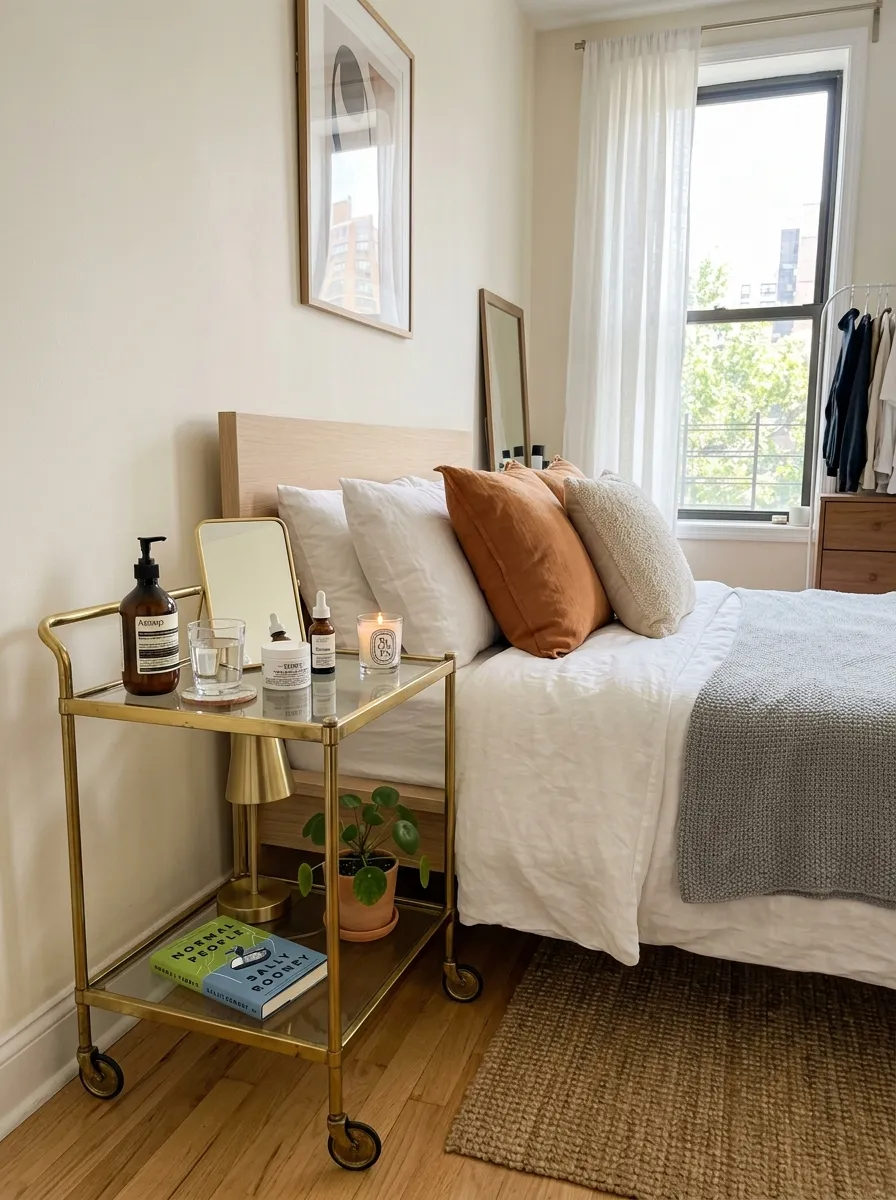 Real-life photography of an apartment bedroom, small metal bar cart used as a nightstand beside a neatly made bed, skincare bottles and a water glass beautifully arranged on its shelves, bright natural light from a window, clean and organized room, vibrant brass cart frame against soft neutral bedding, authentic interior photography, no illustration, no 3D render, functional stylish atmosphere.