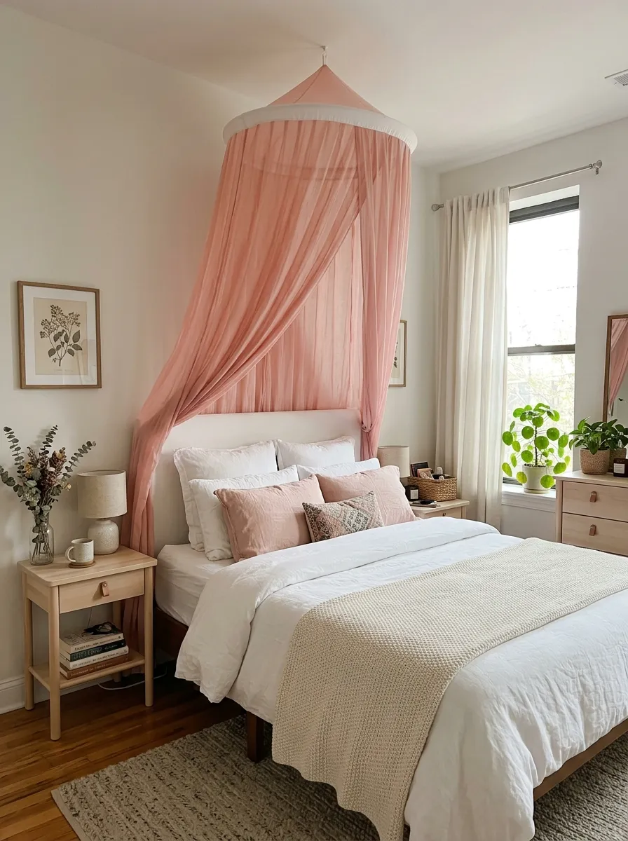 Real-life photography of an apartment bedroom, sheer fabric canopy hoop mounted above a neatly made bed, soft drapes framing the headboard, bright natural light filtering through the fabric, clean and organized styling, beautifully arranged decor, vibrant blush pink canopy fabric against a white wall, authentic home interior photography, no illustration, no 3D render, dreamy cozy atmosphere.