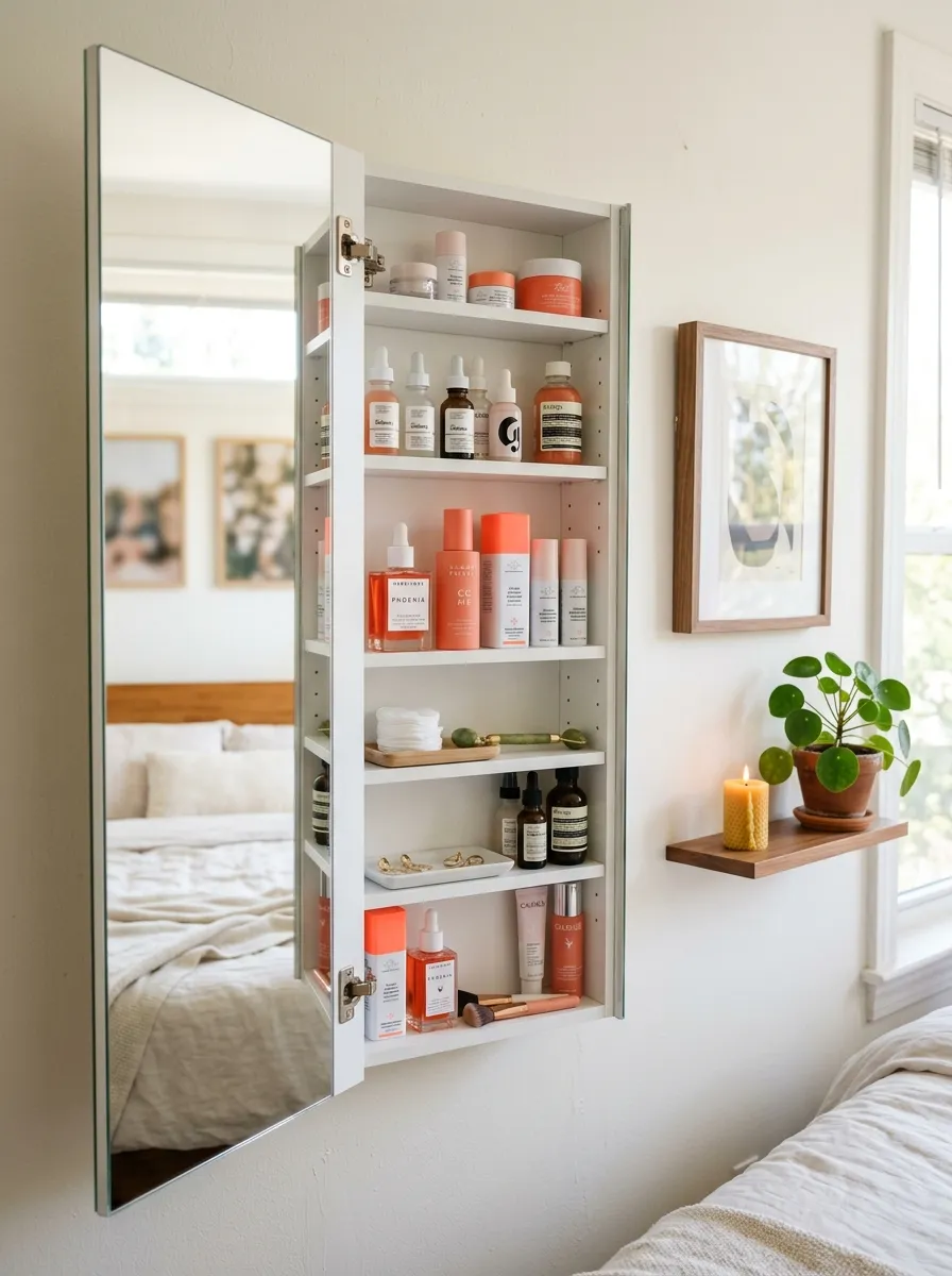 Real-life photography of an apartment bedroom wall, slim wall-mounted mirror cabinet open showing neatly arranged skincare bottles and accessories on small shelves, bright natural light reflecting off the mirror, clean and organized styling, beautifully arranged decor, vibrant coral accent bottles against a white cabinet interior, authentic home interior photography, no illustration, no 3D render, tidy practical atmosphere.