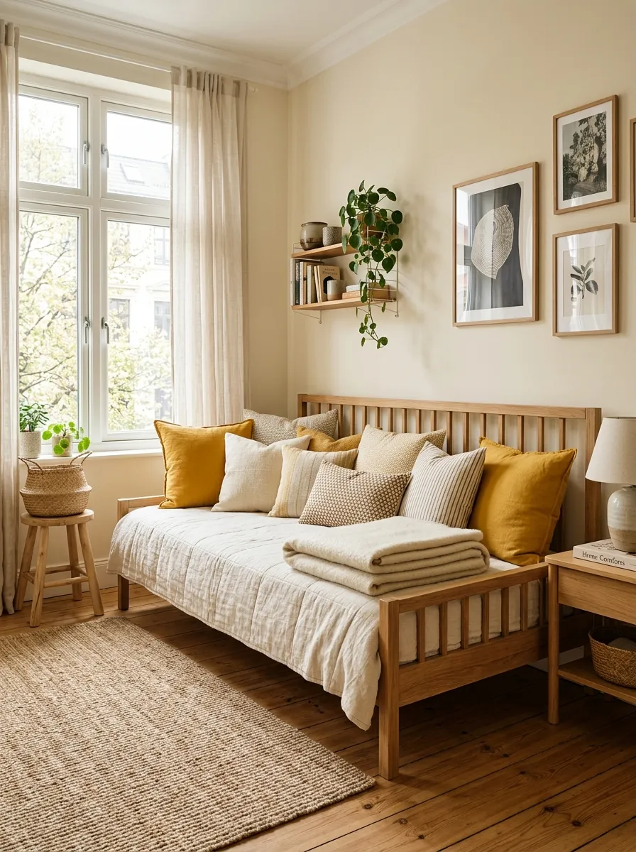 Real-life photography of an apartment bedroom, wooden daybed frame with raised back neatly styled with floor cushions and a folded throw blanket, bright natural light from a large window, clean and organized layout, beautifully arranged decor, vibrant mustard and cream cushion tones against a neutral frame, authentic interior photography, no illustration, no 3D render, relaxed multifunctional atmosphere.