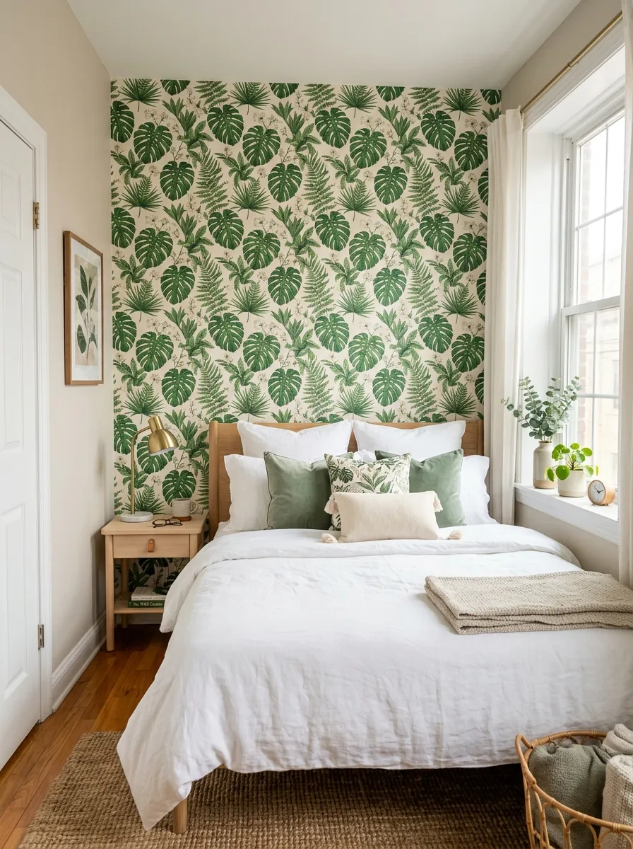 Real-life photography of an apartment bedroom, peel-and-stick botanical print wallpaper neatly applied to the wall behind a made bed, bright natural light from a side window, clean and organized room, beautifully arranged decor, vibrant green and white leaf pattern against neutral bedding, authentic home interior photography, no illustration, no 3D render, fresh vibrant atmosphere.