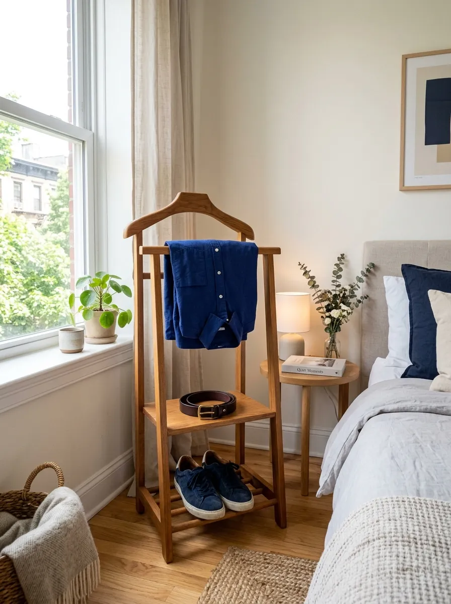 Real-life photography of an apartment bedroom corner, wooden valet stand neatly holding a folded shirt, belt, and a pair of shoes underneath, bright natural light from a nearby window, clean and organized styling, beautifully arranged decor, vibrant navy shirt tone against natural wood, authentic interior photography, no illustration, no 3D render, orderly calm atmosphere.