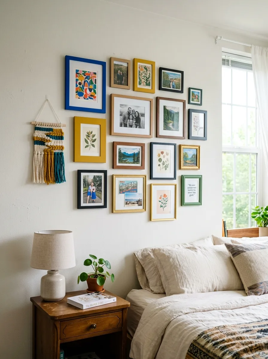 Real-life photography of an apartment bedroom wall, gallery wall of mixed-size frames neatly arranged using adhesive strips, small woven wall hanging among the frames, bright natural light from a window, clean and organized styling, beautifully arranged decor, vibrant mixed color frames against a soft white wall, authentic home interior photography, no illustration, no 3D render, curated personal atmosphere.