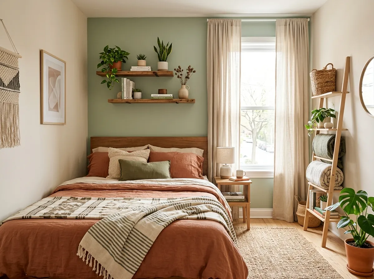 Real-life photography of a small apartment bedroom captured in a wide angle, neatly made bed with layered linen bedding, floating wooden shelves above the headboard holding small plants and books, a slim ladder shelf leaning in the corner, soft linen curtains hung high letting in bright natural light, clean and organized room with beautifully arranged decor throughout, vibrant sage green and terracotta accent tones against soft neutral walls, cozy rug on the floor, authentic home interior photography shot on DSLR camera, high resolution, no illustration, no 3D render, warm inviting Pinterest-ready atmosphere.