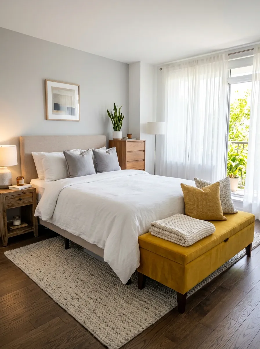 Real-life photography of an apartment bedroom, neatly made bed with a beautifully upholstered storage bench at the foot, folded throw blanket and two matching pillows on top, bright natural light through sheer curtains, clean organized room, vibrant mustard yellow bench fabric against soft neutral bedding, authentic home photography style, no illustration, no 3D render, tidy and inviting atmosphere.