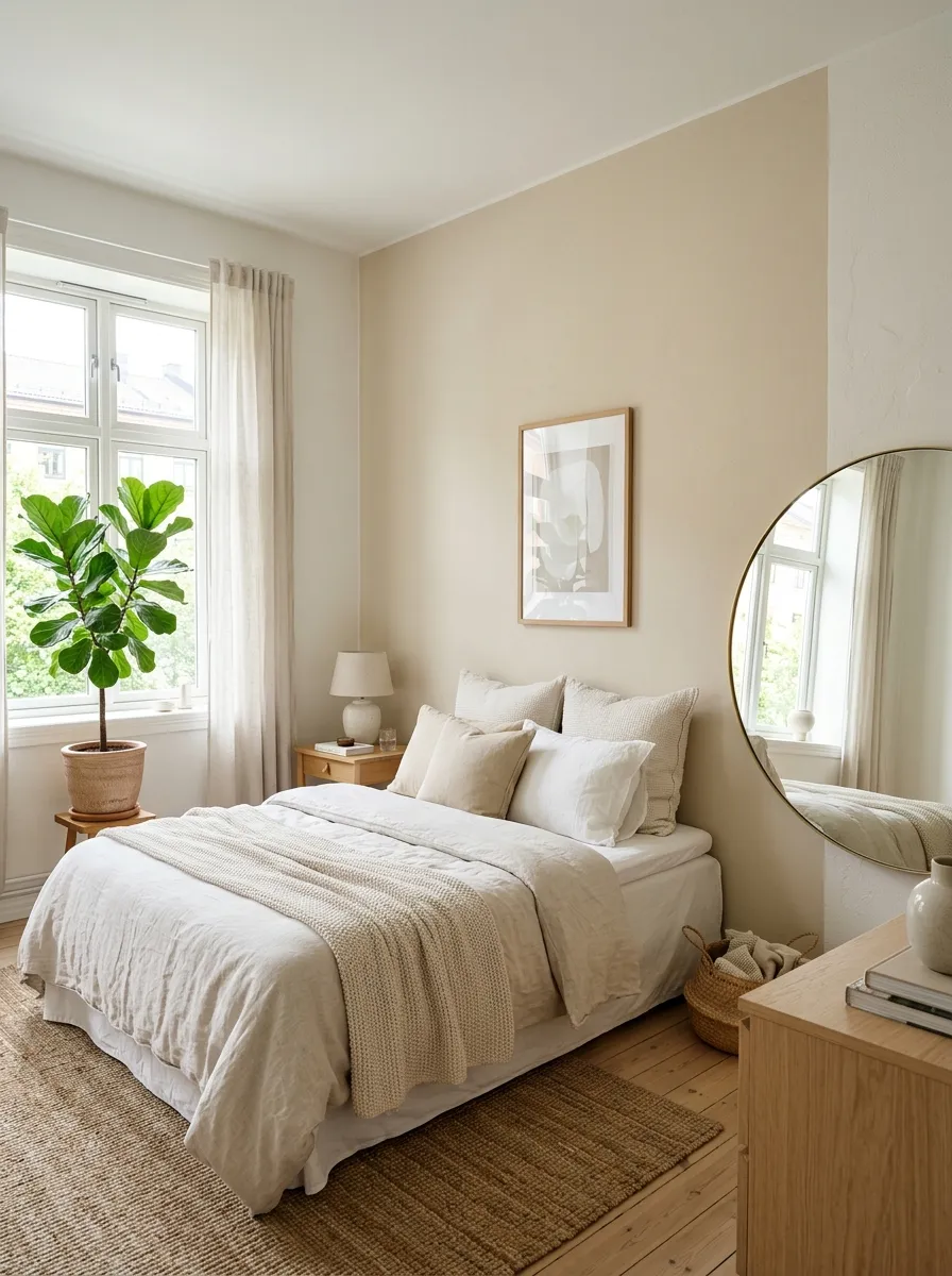 Real-life photography of a bright apartment bedroom painted in soft white and pale sand tones, large round mirror leaning against the wall reflecting natural window light, neatly made bed with light neutral linens, clean and organized styling, vibrant green plant accent in the corner, bright natural light filling the room, authentic interior photography, no illustration, no 3D render, calm airy atmosphere.