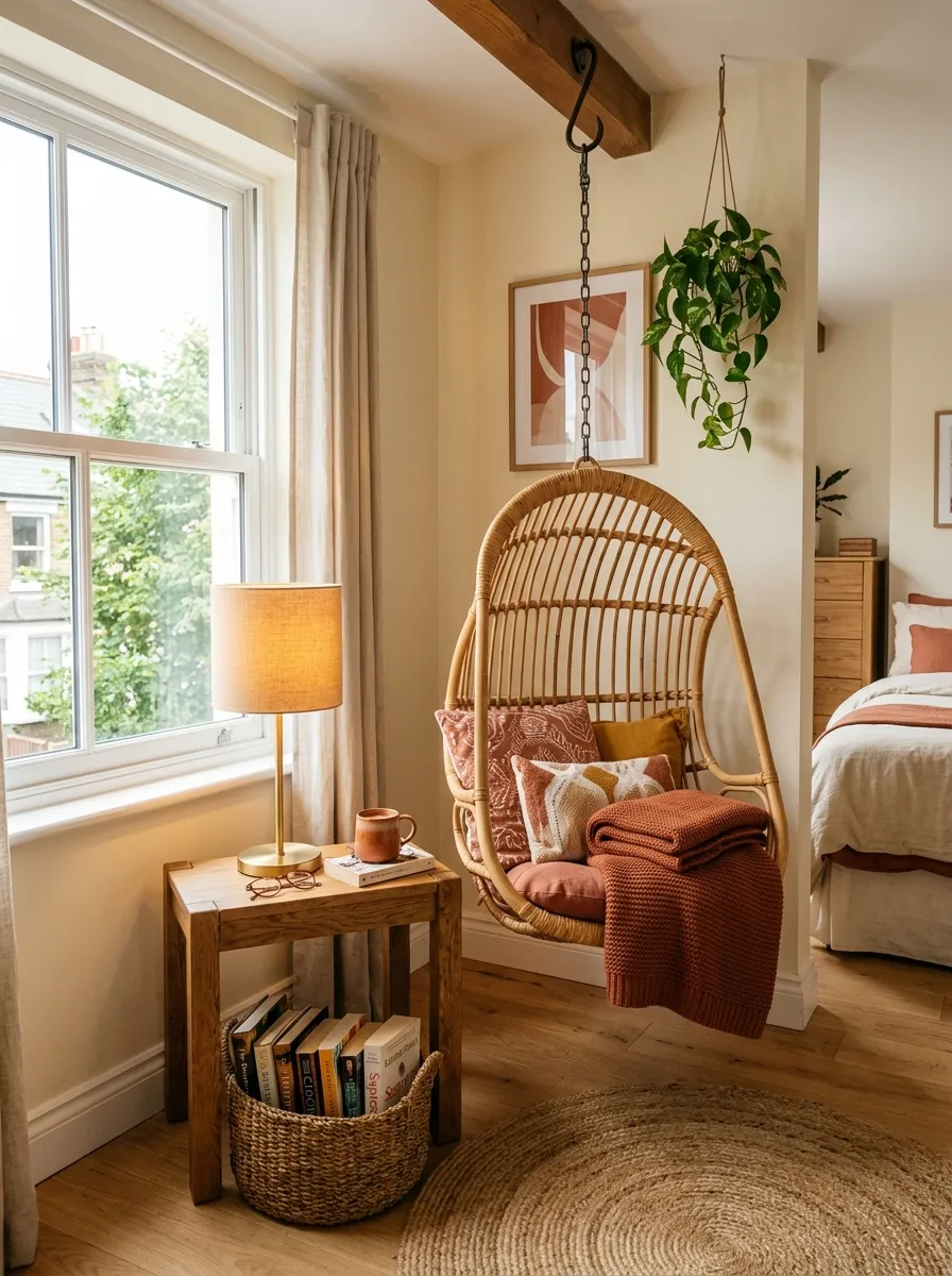 Real-life photography of a cozy reading nook in the corner of an apartment bedroom, small rattan hanging chair with cushions, compact wooden side table, soft floor lamp turned on, neatly folded throw blanket, small basket with books, bright natural light from a nearby window, clean and organized corner styling, vibrant terracotta and cream color accents, authentic home photography, no illustration, no 3D render, warm inviting atmosphere.