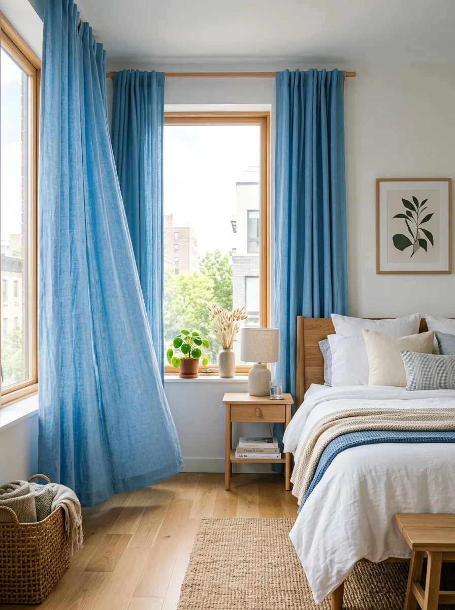 Real-life photography of an apartment bedroom window, floor-length linen curtains hung high above the window frame, softly billowing with bright natural light streaming through, neatly made bed visible nearby, clean and organized room, beautifully arranged decor, vibrant soft blue curtain tone against a white wall, authentic home interior photography, no illustration, no 3D render, airy calm atmosphere.
