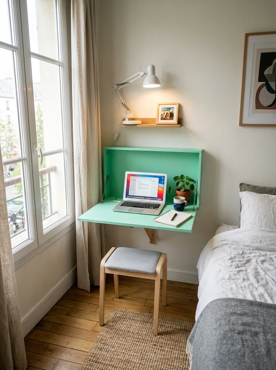 Real-life photography of an apartment bedroom, wall-mounted fold-down desk open with a laptop and notebook neatly arranged, slim stool tucked underneath, small shelf above holding a lamp, bright natural light from a side window, clean and organized styling, vibrant mint green desk surface against a neutral wall, authentic home photography, no illustration, no 3D render, functional tidy atmosphere.