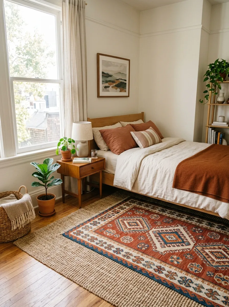 Real-life photography of a studio apartment bedroom corner, large jute rug layered under a smaller patterned rug beneath a neatly made bed, bright natural light from a nearby window, clean and organized layout, beautifully arranged decor, vibrant terracotta and cream patterned rug against natural jute texture, authentic interior photography, no illustration, no 3D render, warm defined atmosphere.