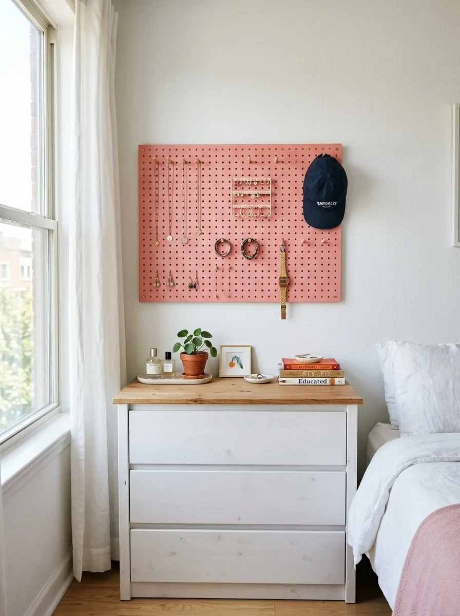 Real-life photography of an apartment bedroom dresser, painted wooden pegboard mounted above holding neatly arranged jewelry, a watch, and a cap on hooks, clean dresser surface below, bright natural light from a window, organized and beautifully arranged styling, vibrant blush pink pegboard against a white wall, authentic home photography, no illustration, no 3D render, tidy personal atmosphere.