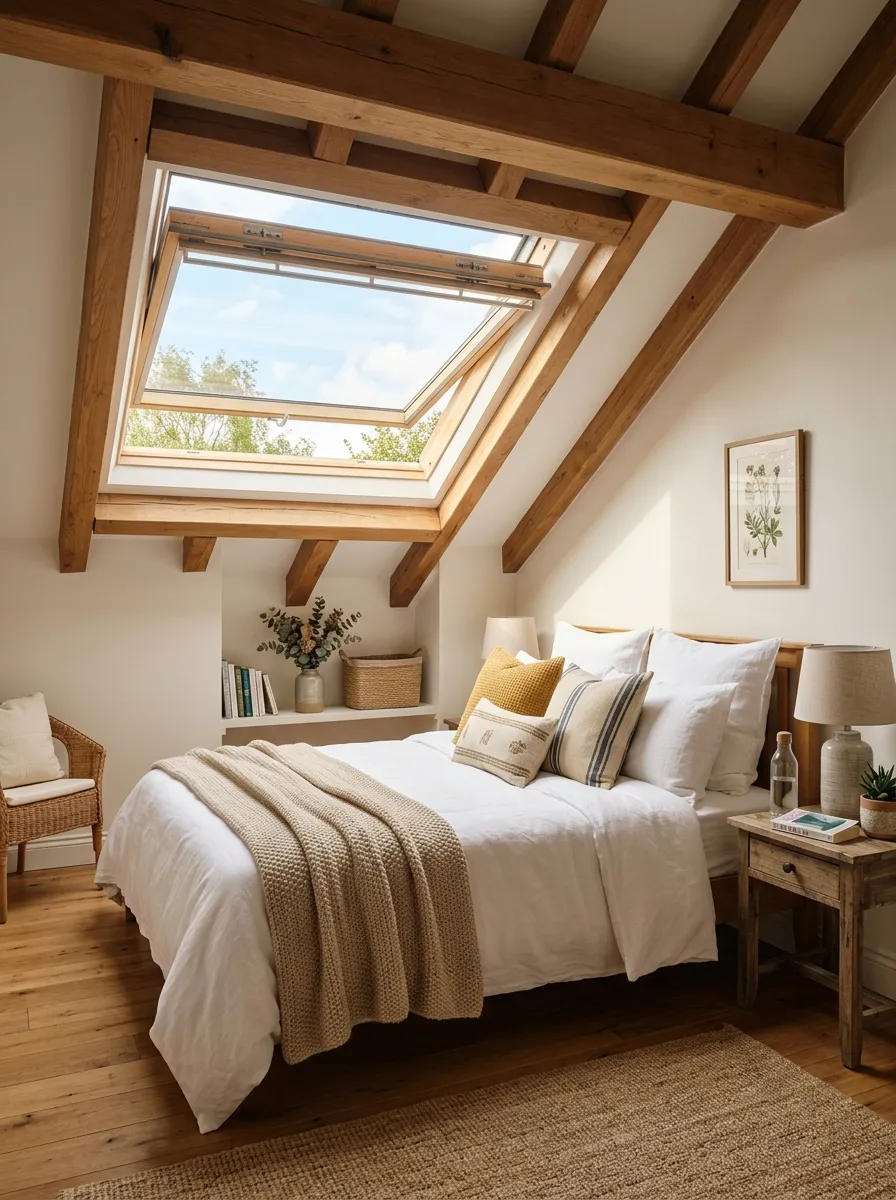 Real-life photo of an attic bedroom with an open skylight window, bright natural light pouring in, a neatly made bed with white linen bedding below, wooden ceiling beams, beautifully arranged pillows, clean and organized space, warm vibrant tones, photorealistic interior photography, Pinterest style.