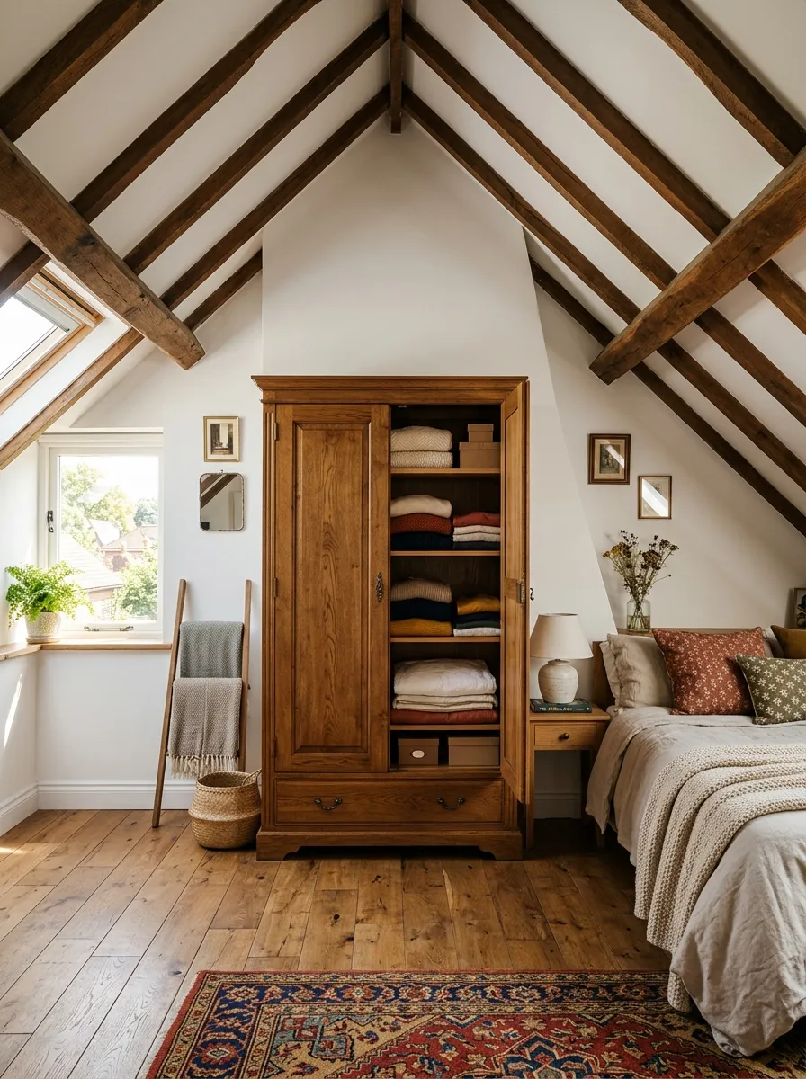 Real-life photo of an attic bedroom with a wooden freestanding wardrobe placed against a tall wall, neatly organized and clean, folded clothes visible, sloped ceiling beams nearby, bright natural light, beautifully arranged room, warm vibrant tones, photorealistic interior photography, no people.