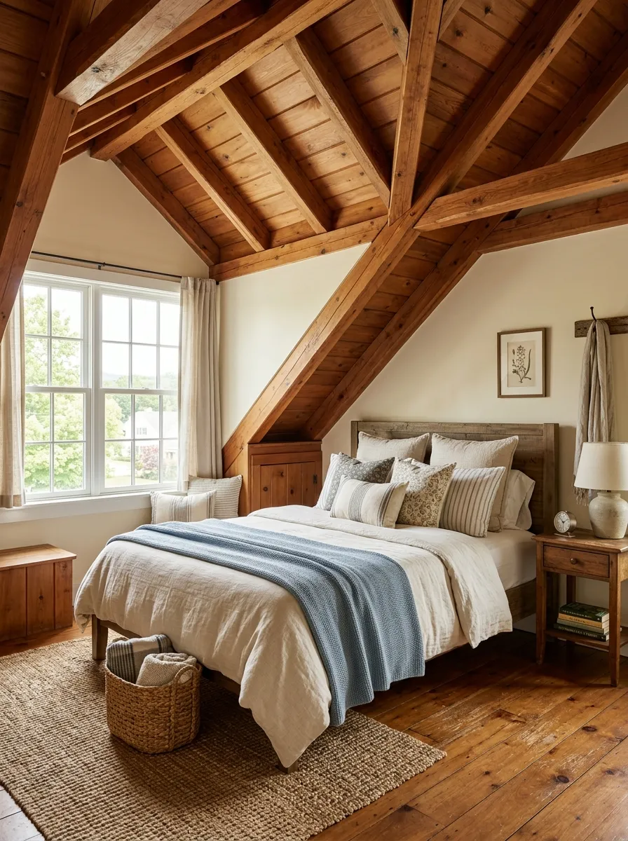 Real-life photo of an attic bedroom with natural exposed wood ceiling beams, warm stained finish, neatly made bed below with organized bedding, bright natural light through a window, clean and beautifully arranged space, vibrant warm wood tones, photorealistic interior photography, no people.