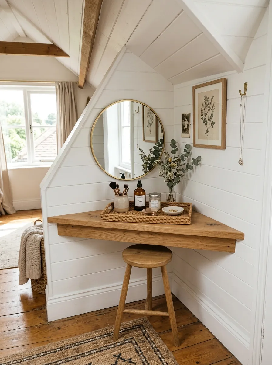 Real-life photo of a small vanity table tucked into a low attic corner, round mirror, slim wooden stool, neatly organized tray with daily essentials, bright natural light, clean and beautifully arranged styling, vibrant warm tones, photorealistic interior photography, no people.