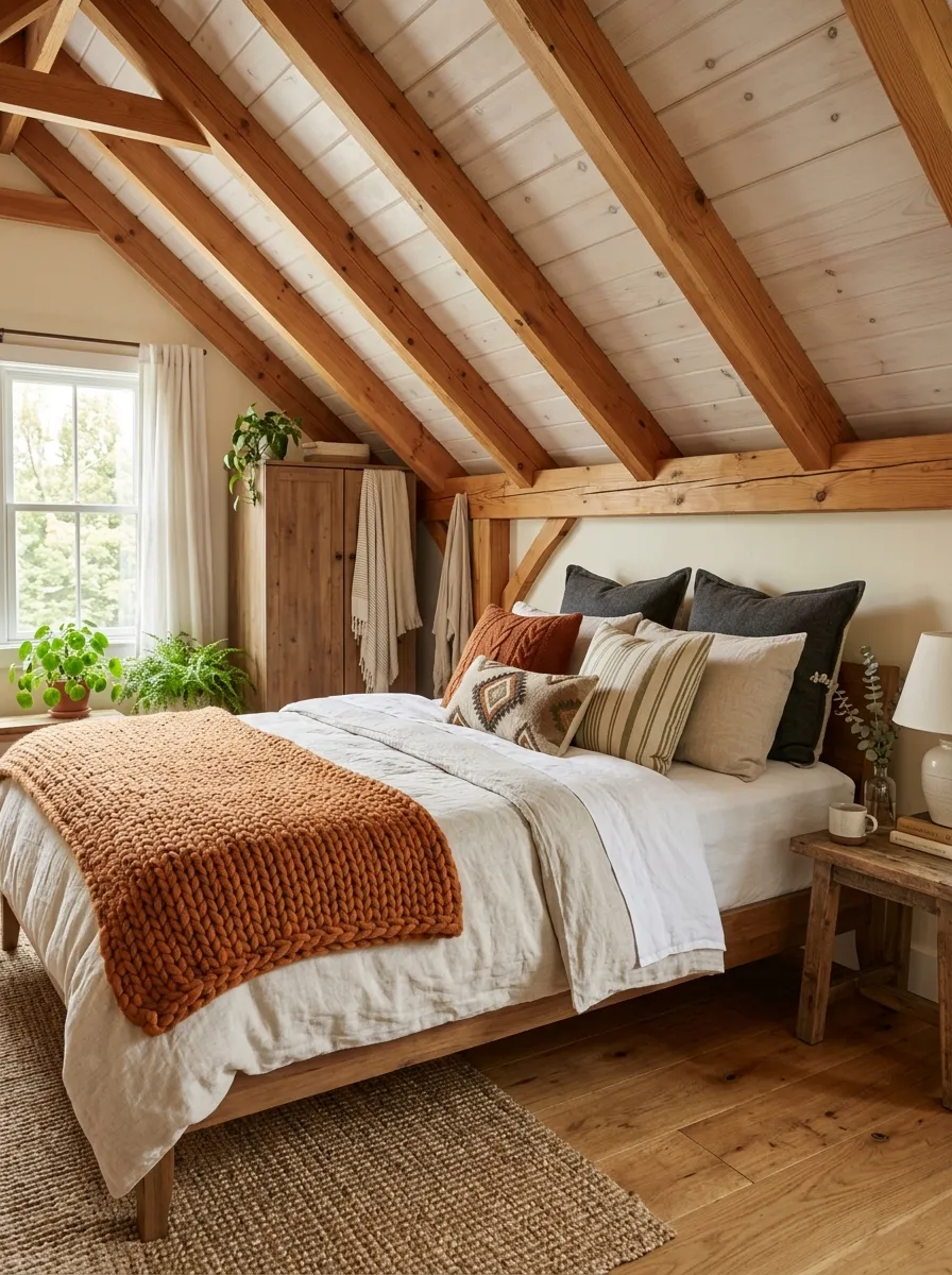 Real-life photo of an attic bedroom bed with neatly layered textured bedding, chunky knit throw, mixed linen and wool pillows beautifully arranged, sloped wooden ceiling above, bright natural light, clean organized styling, vibrant cozy tones, photorealistic interior photography, no people.