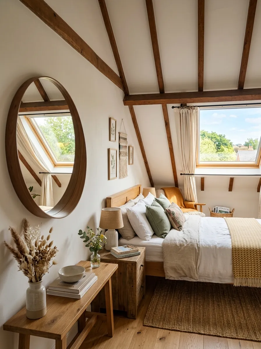 Real-life photo of an attic bedroom with a large round wood-framed mirror hung on the wall reflecting natural light, neatly made bed nearby, clean and organized space, beautifully arranged decor, bright natural light through a window, vibrant warm tones, photorealistic interior photography, no people.