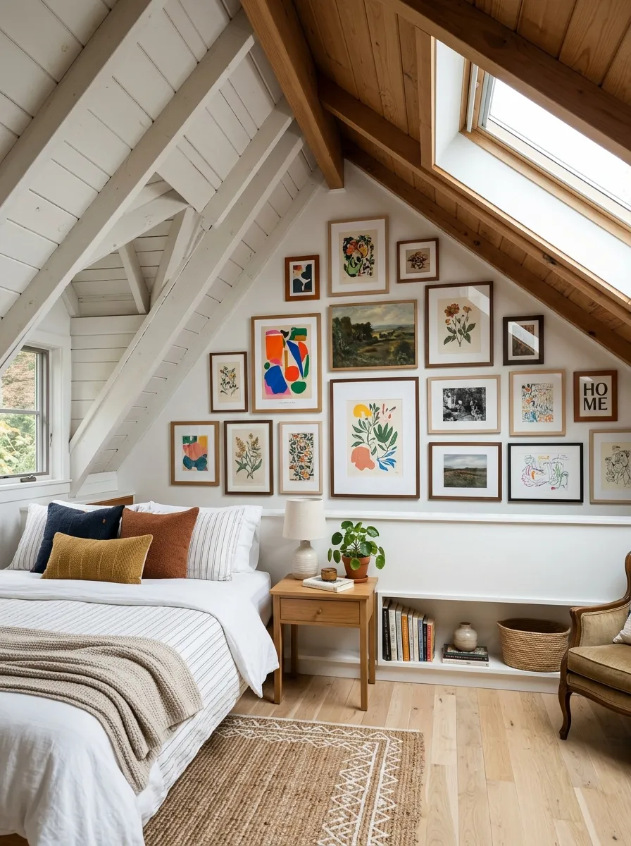 Real-life photo of an attic bedroom with a neatly arranged gallery wall of framed art along a low knee wall, sloped ceiling above, clean and organized styling, bright natural light, beautifully arranged frames in warm wood tones, vibrant accents, photorealistic interior photography, no people.