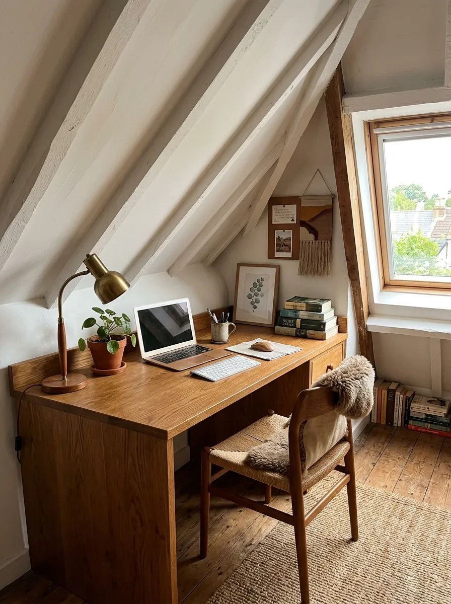 Real-life photo of a compact wooden desk fitted under a sloped attic ceiling, low chair tucked in, small task lamp, neatly organized desktop, bright natural light, clean and beautifully arranged workspace, vibrant warm tones, photorealistic interior photography, no people.
