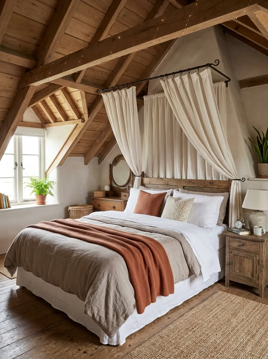 Real-life photo of an attic bedroom bed framed with a soft linen curtain canopy above the headboard, neatly made bed with organized bedding, sloped wooden ceiling, bright natural light, clean beautifully arranged styling, warm vibrant tones, photorealistic interior photography, no people.