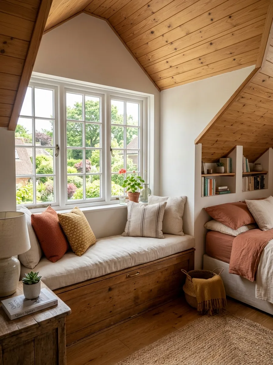 Real-life photo of an attic bedroom window seat with a thick cushion and neatly arranged pillows, hinged storage lid, sloped wooden ceiling nearby, bright natural light through the window, clean organized space, vibrant warm tones, photorealistic interior photography, no people.