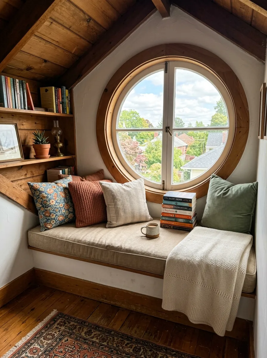 Real-life photo of a small attic reading nook by a round window, cushioned bench seat neatly arranged with soft throw pillows and a folded blanket, a stack of books, warm bright natural light, clean and organized styling, vibrant cozy colors, photorealistic photography, no people.
