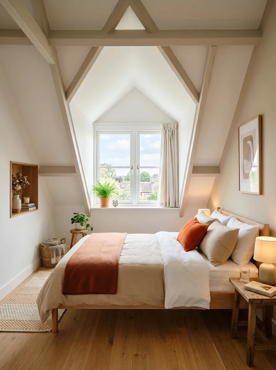 Real-life photo of an attic bedroom painted in soft white and warm beige tones, sloped ceiling matching the wall color, neatly made bed with organized linen, bright natural light streaming through a window, clean minimalist styling, vibrant warm accents, photorealistic interior photography.