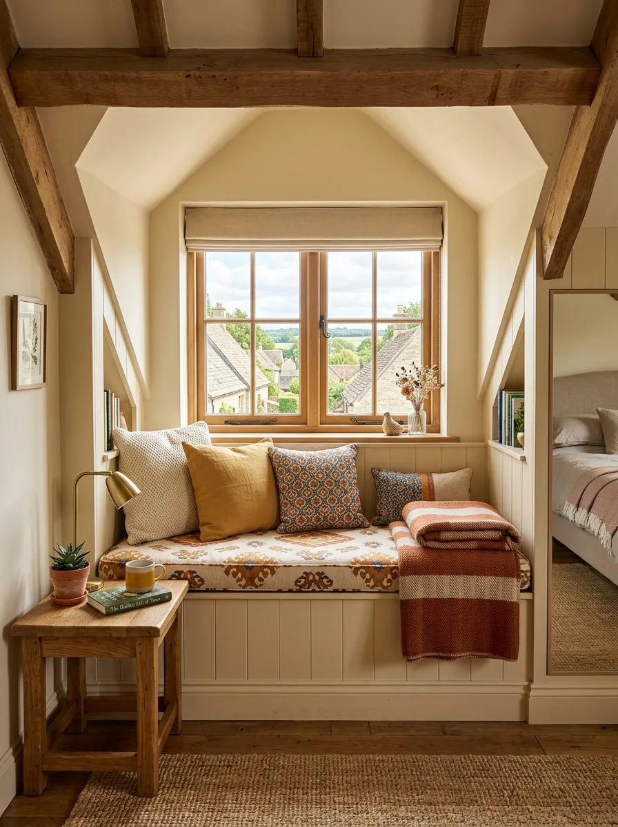 Real-life photo of a dormer window seating nook in an attic bedroom, built-in bench neatly arranged with cushions and a folded throw, small wooden side table, bright natural light through the window, clean and organized styling, warm vibrant tones, photorealistic interior photography, no people.