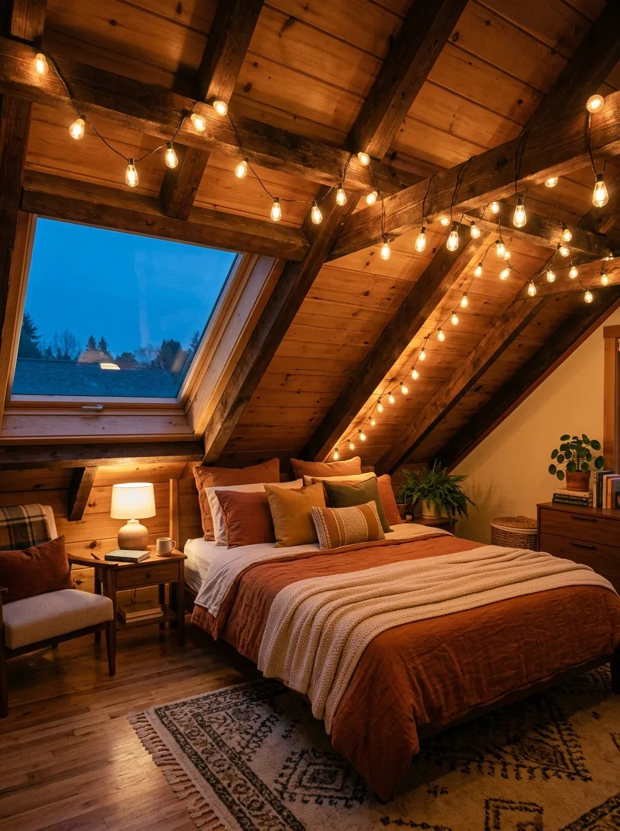 Real-life photo of an attic bedroom at dusk with warm string lights draped along wooden ceiling beams, neatly made bed below, soft glowing light, clean and organized room, cozy vibrant warm tones, beautifully arranged bedding, photorealistic interior photography, no people.