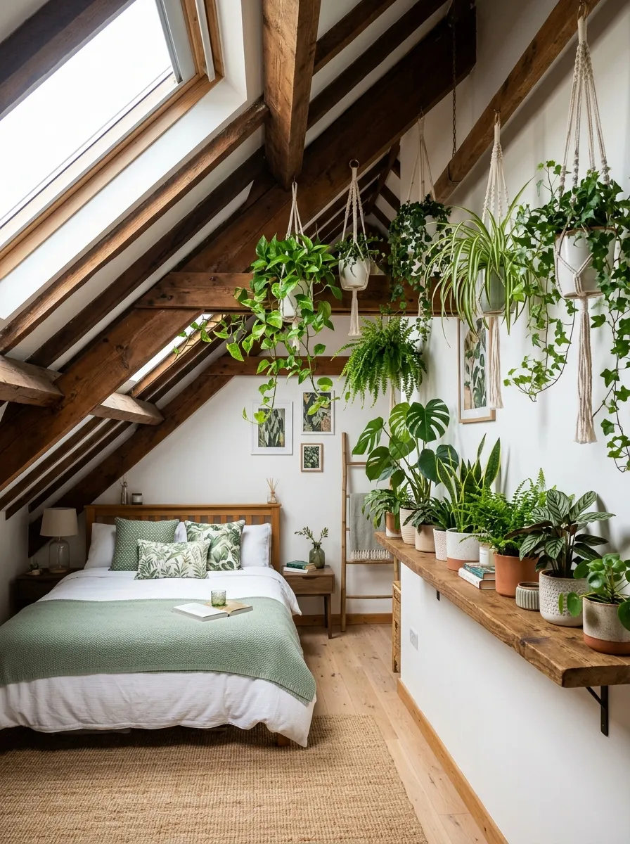 Real-life photo of an attic bedroom with hanging trailing plants near wooden ceiling beams and potted plants on a wooden shelf, neatly arranged bed nearby, bright natural light, clean organized styling, vibrant green accents, photorealistic interior photography, no people.
