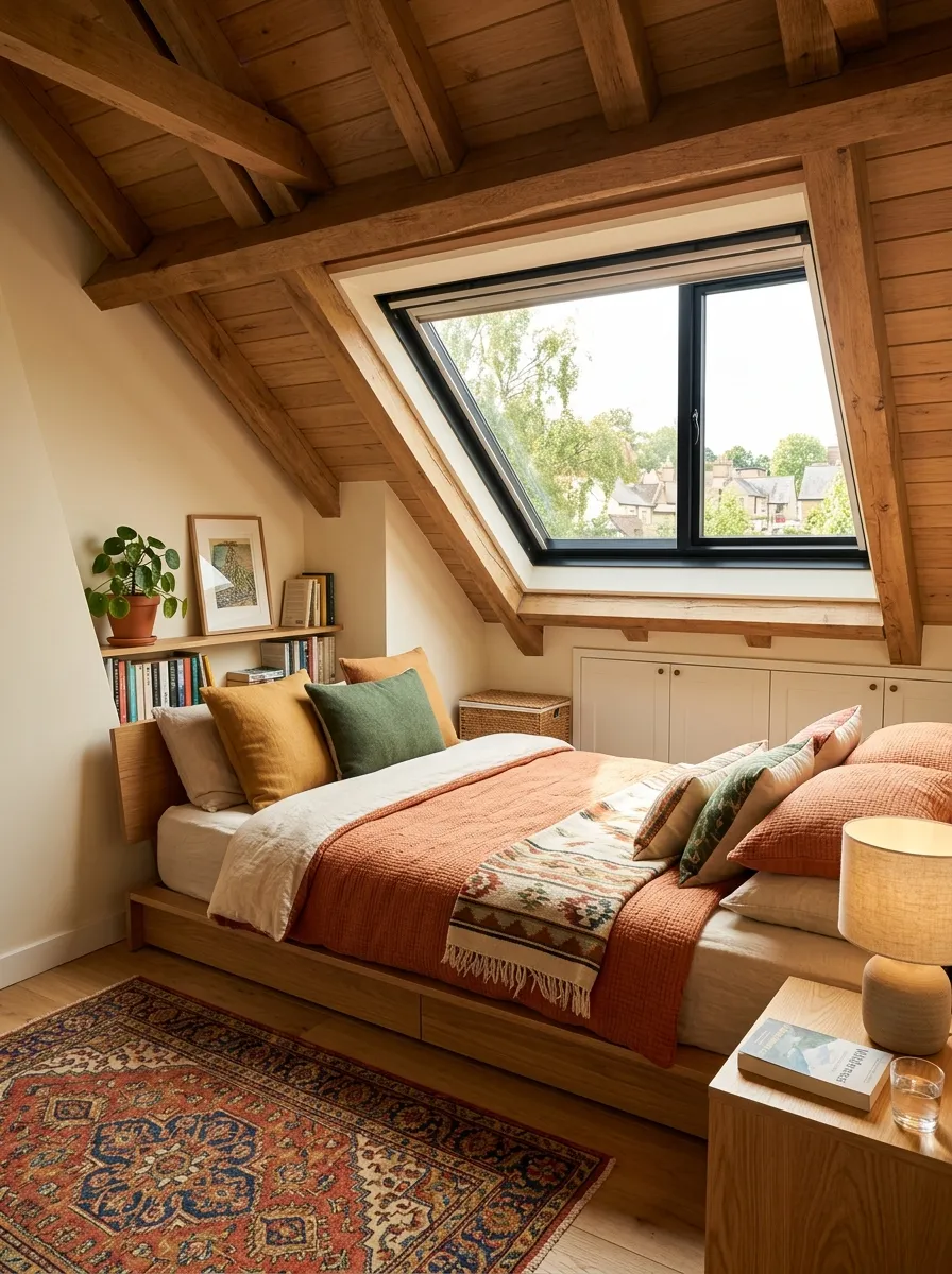 Real-life photo of an attic bedroom with a low-profile platform bed neatly made with soft bedding, slim headboard, sloped wooden ceiling above, bright natural light from a window, clean and organized space, warm vibrant colors, photorealistic interior photography, no people.