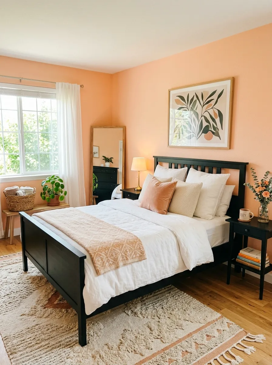 A warm bedroom with soft peach walls and a black wooden bed frame, neatly made bed with white linens and warm wood accents, black nightstand with a small lamp, beautifully arranged decor and textiles, organized clean space, bright natural light, vibrant soft peach tones, real-life photography style.