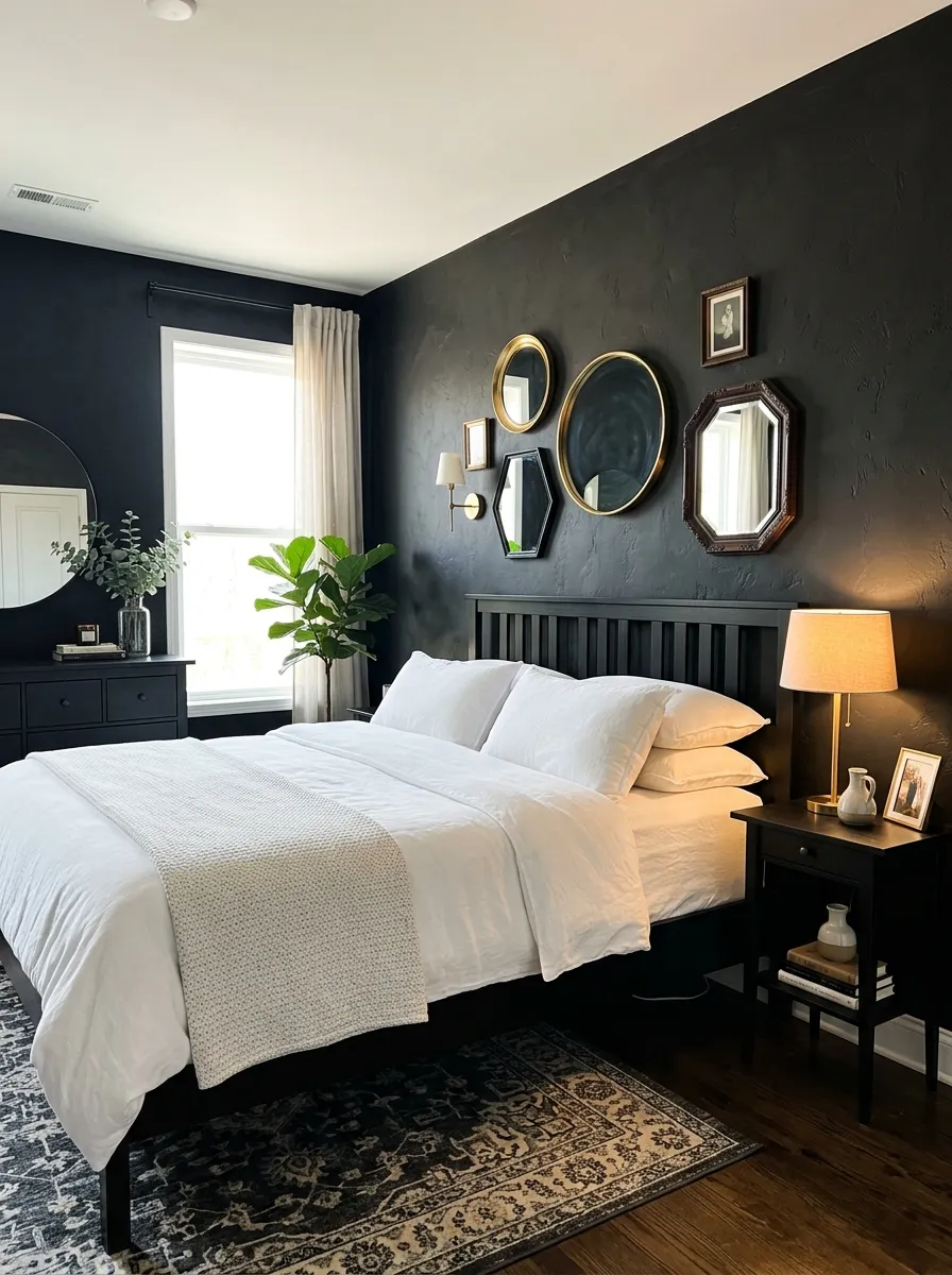 A dramatic bedroom with textured black walls and black wooden furniture, neatly made bed with crisp white linens, black nightstand with a warm glowing lamp, beautifully arranged mirrors and decor, organized clean space, bright natural light balancing the dark tones, vibrant contrast, real-life photography style.