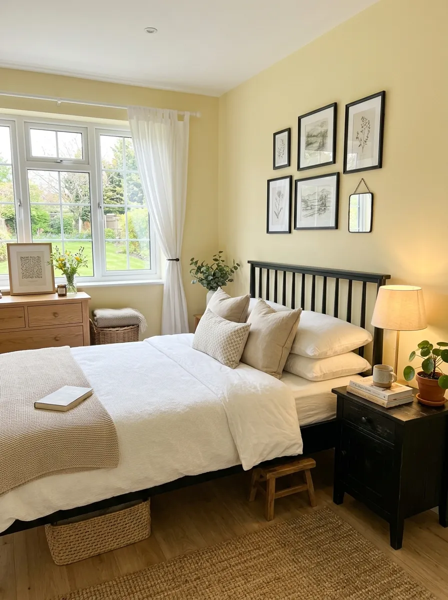 A cheerful bedroom with pale butter yellow walls and a black wooden bed frame, neatly made bed with white linens and natural wood accents, black nightstand with soft lighting, beautifully arranged simple decor, organized clean space, bright natural light, vibrant soft yellow tones, real-life photography style.