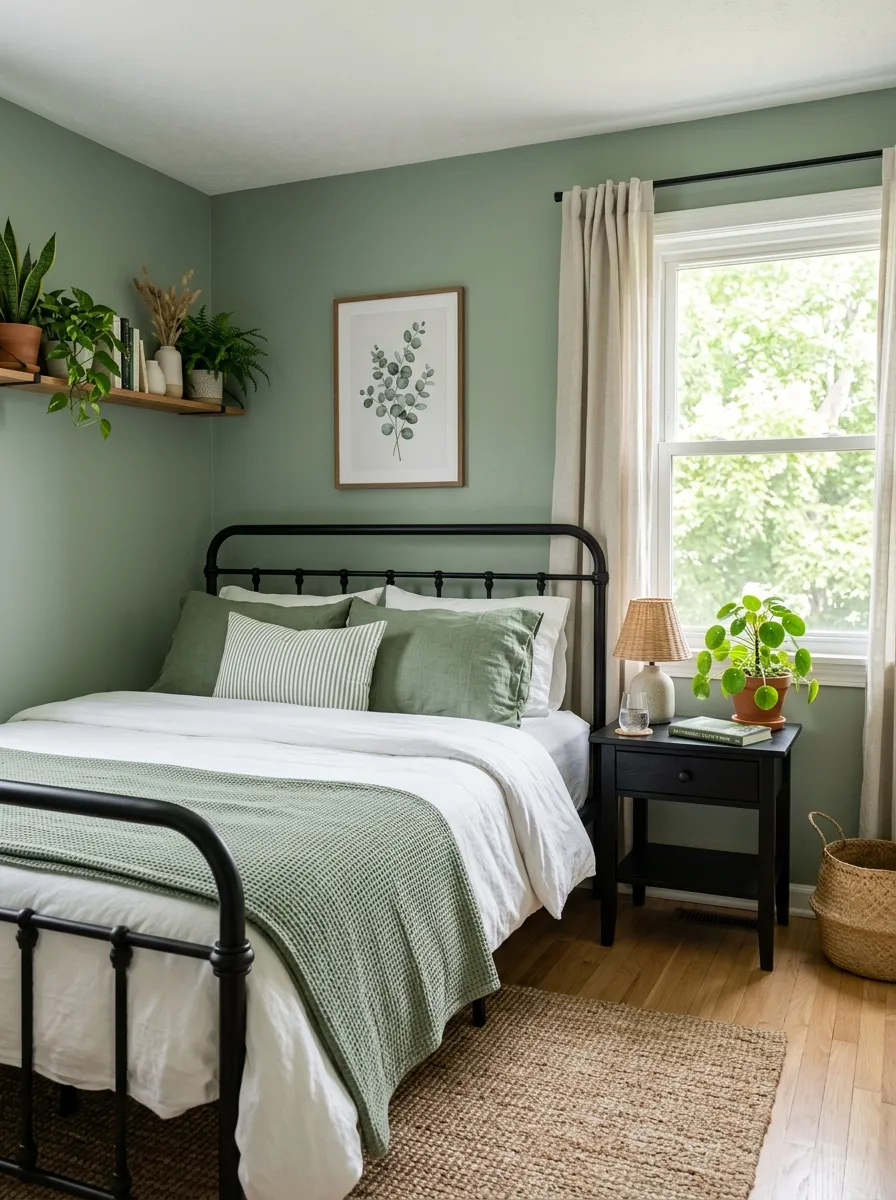 A serene bedroom with sage green walls and a black metal bed frame, neatly made bed with white and green linens, black wood nightstand with potted plants, beautifully arranged greenery and natural wood textures, organized clean space, bright natural light, vibrant fresh green tones, real-life photography style.