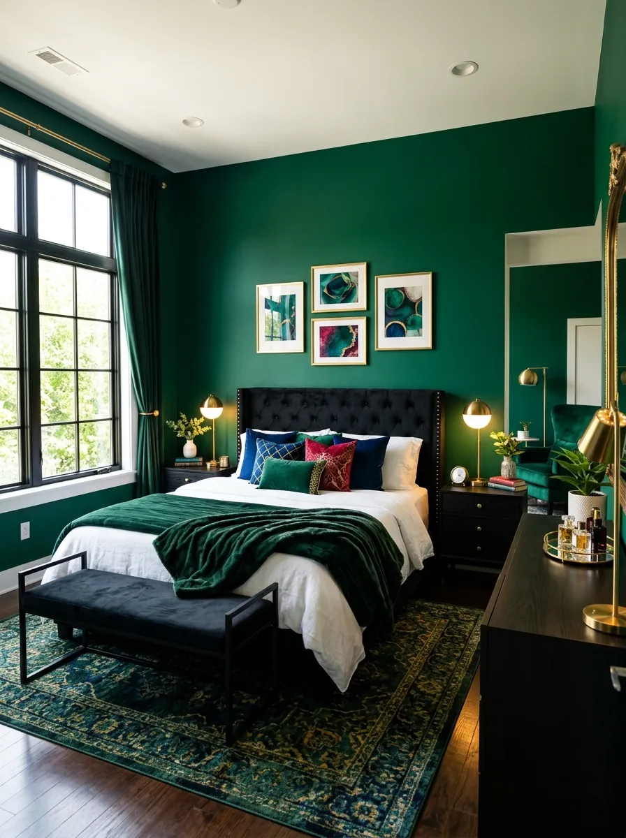 A luxurious bedroom with deep emerald green walls and a black upholstered bed, neatly made bed with velvet cushions and gold accents, black nightstands with brass lamps, beautifully arranged decor, organized clean space, bright natural light, vibrant jewel-toned colors, real-life photography style.