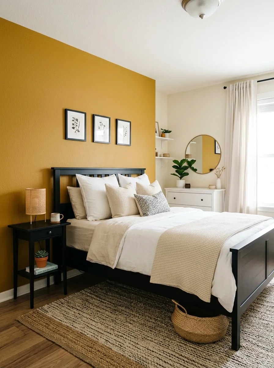 A cozy bedroom with a mustard yellow accent wall behind a black wooden bed, neatly made bed with cream and white linens, black nightstand with a woven lamp, beautifully arranged cushions and simple decor, organized clean space, bright natural light, vibrant mustard yellow tones, real-life photography style.
