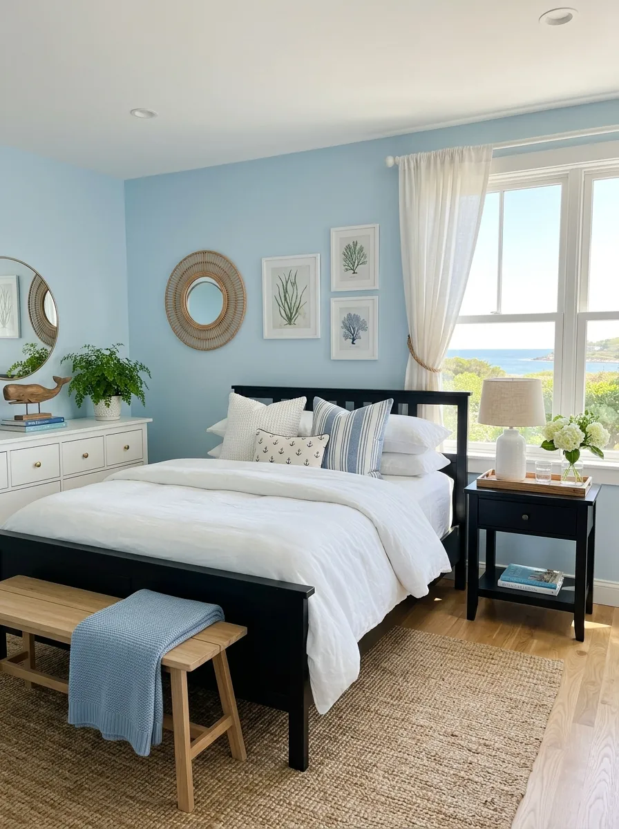 A breezy bedroom with soft sky blue walls and a black wooden bed frame, neatly made bed with white linens and light wood accents, black nightstand near a sunlit window, beautifully arranged coastal decor, organized clean space, bright natural light, vibrant fresh blue tones, real-life photography style.