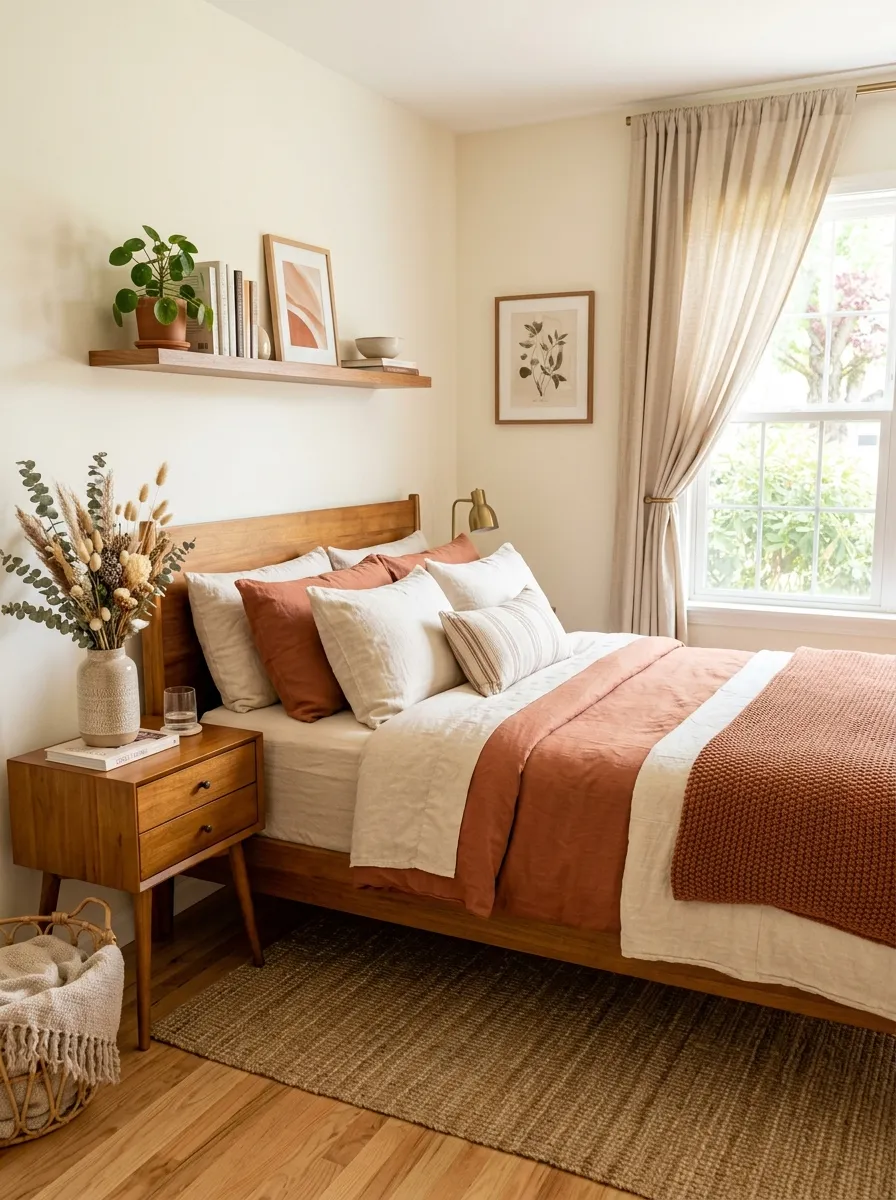 Image prompt: A neatly made bed with terracotta and cream bedding, warm wood nightstand, ceramic vase with dried flowers, linen curtains, beautifully arranged shelf, bright natural light streaming through the window, real-life cozy bedroom photography, clean and organized, vibrant warm tones, stock photo style, no people.