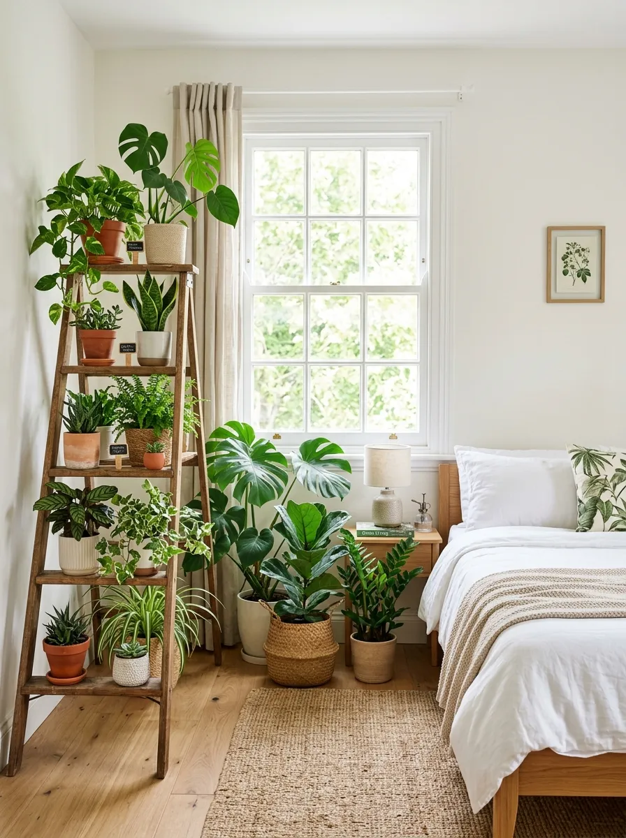 Image prompt: Real-life bedroom corner filled with various potted plants near a window, small wooden ladder shelf, neatly made bed nearby, beautifully arranged greenery, bright natural light, clean and organized space, vibrant green tones, stock photography style, no people.