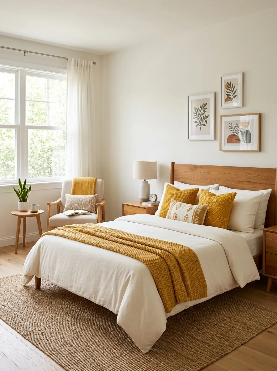 Image prompt: Real-life bedroom with mustard yellow throw pillows and a cozy blanket on a neatly made cream bed, warm wood furniture, beautifully arranged accent chair, bright natural light, clean and organized space, vibrant mustard yellow tones, stock photography style, no people.