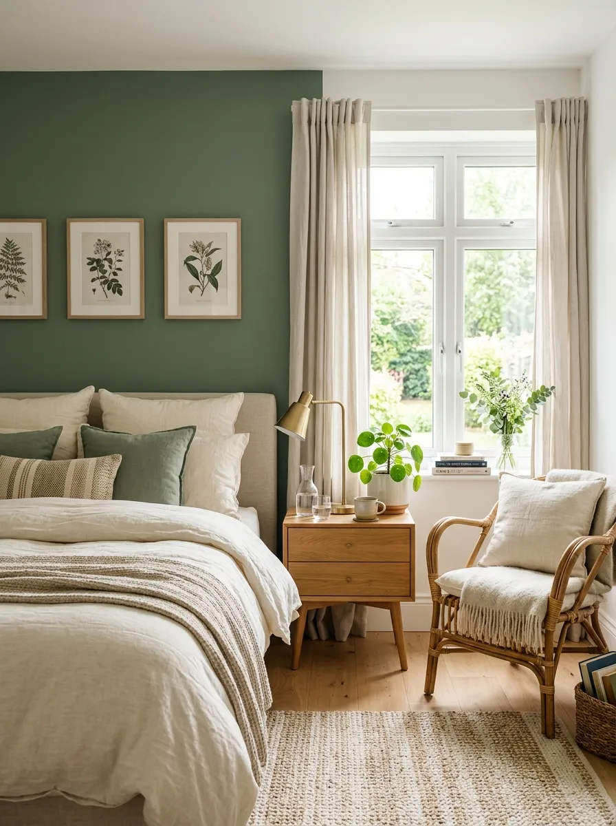 Image prompt: A cozy real-life bedroom corner with a sage green accent wall, neatly made bed with cream linen bedding, rattan chair by a window, small reading nook, beautifully arranged wooden nightstand, bright natural light, clean and organized space, vibrant fresh green tones, stock photography style, no people.