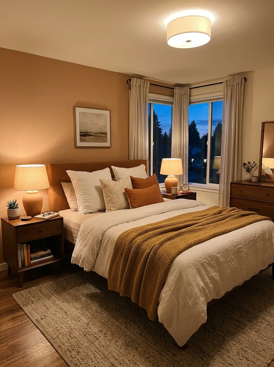 Image prompt: Cozy real-life bedroom at dusk with warm layered lighting, bedside lamps beautifully arranged on matching nightstands, soft ceiling light glow, neatly made bed, bright natural light fading into warm lamp light, clean and organized space, vibrant warm tones, stock photography style, no people.