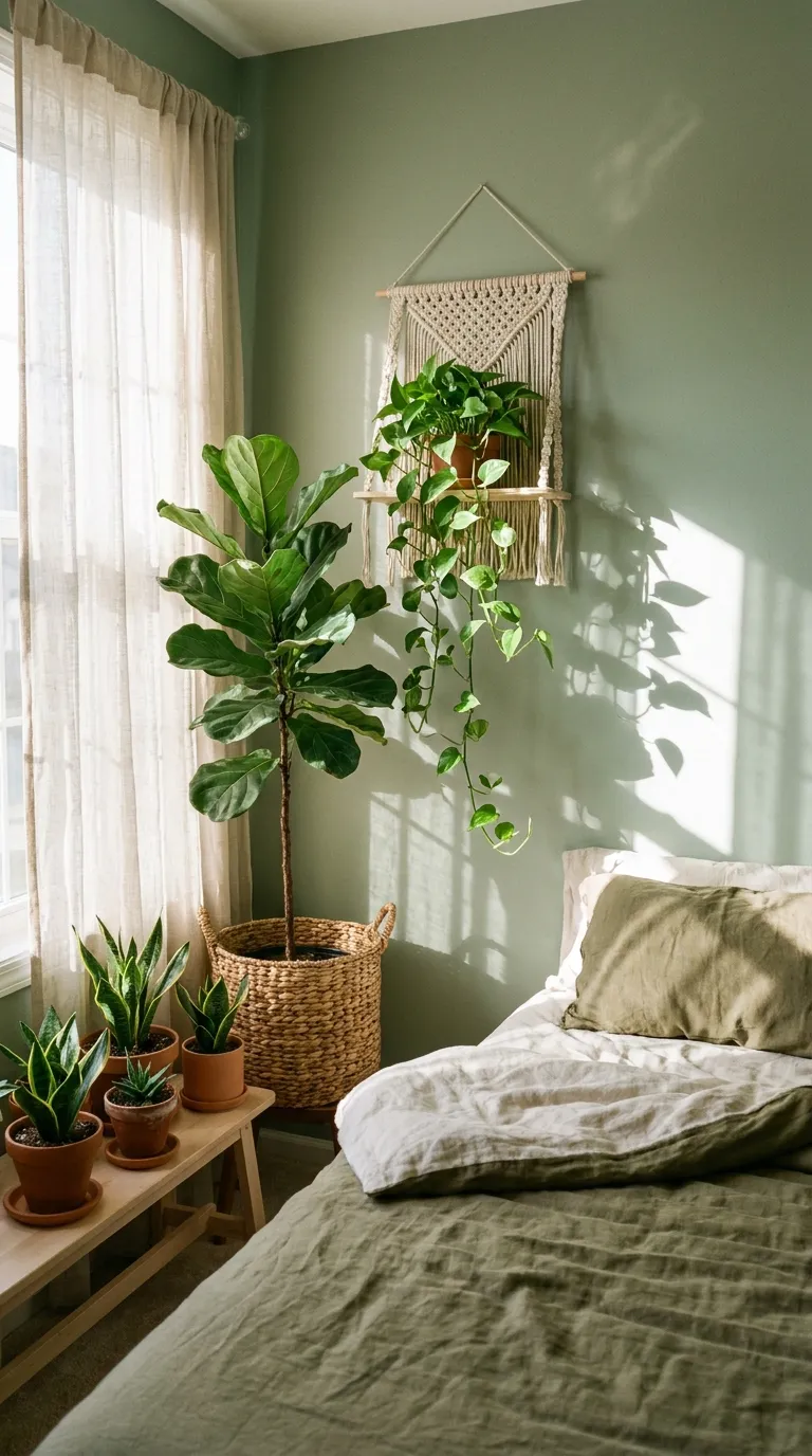 Editorial photograph of a bedroom corner transformed into a small indoor garden nook: a tall fiddle leaf fig in a woven basket planter, a trailing pothos cascading from a wall-mounted macrame shelf, and a cluster of small potted snake plants on a low wooden bench beneath a window. Sunlight filters through sheer linen curtains, casting soft leaf-shaped shadows on a nearby sage-green wall. The adjacent bed is dressed in muted moss and cream linens. Botanical, fresh, calm atmosphere, soft natural light, no people, no text.
