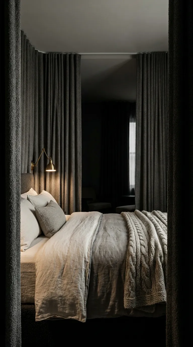 Editorial photograph of a bed framed dramatically by floor-to-ceiling blackout drapery in a deep charcoal-grey bouclé fabric, partially drawn to create a cocoon-like enclosure around the headboard. The bed itself is dressed in layered ivory and stone-grey linens with an oversized knit throw. A single brass reading sconce is mounted on the wall beside the pillow. The room beyond the curtains is dim and shadowy, emphasizing enclosure and stillness. Moody but soft lighting, hotel-suite quality composition, no people, no text.